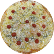 Tradicionais: Cinco Queijos - Pizza Grande (Ingredientes: Catupiry, Gorgonzola, Mussarela, Parmesão, Provolone, Tomate Cereja)