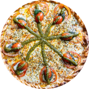 Especiais: 33-Caprese - Pizza Pequena (Ingredientes: Manjericão, Molho de Tomate, Molho Pesto, Mussarela, Mussarela de Búfala, Orégano, Tomate, Tomate Cereja)