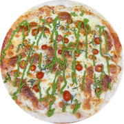 Tradicionais: Italiana - Pizza Grande (Ingredientes: Manjericão, Mussarela de Búfala, Pesto de Rúcula, Tomate Cereja)