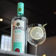 Garrafas De Destilados & Licores: Gin Theros 1L c/Taça - Elaborado pela combinação de álcool neutro de cana-de-açúcar, água com um elevado grau de pureza e extratos vegetais aromáticos obtidos por maceração de bagas de zimbro, raízes de angélica, flores de cássia e sementes de coentro.