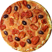 Nostra Itália: 069.Parma de Búfala - Pizza Brotinho (Ingredientes: Bacon Crocante, Mussarela de Búfala, Palmito Fatiado, Parma, Presunto, Tomate Seco)