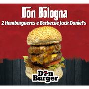 Lanches: Don Bologna (Duplo Burger) - Burger 140g (Ingredientes: Alface, Burger Bovino, Cebola Roxa, Molho Barbecue Jack Daniels, Queijo Prato, Tomate)