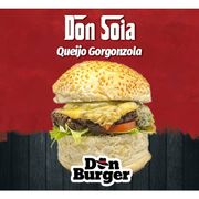 Lanches Vegs: Don Soya (Gorgonzola) - 140g (Ingredientes: Alface, Cebola Roxa ao Shoyu, Gorgonzola, Hamburger de Sua escolha, Queijo Prato, Tomate)