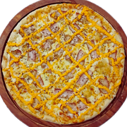 Especiais: Bacon C/ Cheddar - Pizza Média (Ingredientes: Bacon, Cheddar, Molho, Muçarela, Orégano)