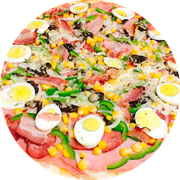 Especiais: 25-Portugalhia - Pizza Grande Redonda (8 Fatia) (Ingredientes: Molho de Tomate, Mussarela, Apresuntado, Ovos, Ervilha, Palmito, Milho, Orégano, Cebola)