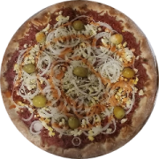 Variadas: 08-Baiana - Pizza Grande (Ingredientes: Azeitona, Calabresa Moída, Cebolas, Molho de Pimenta, Molho de Tomate, Orégano, Ovo)
