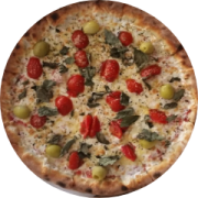 Variadas: 27-Italianinha - Pizza Grande (Ingredientes: Azeitona, Manjericão, Molho de Tomate, Mussarela de Búfala, Orégano, Parmesão Ralado, Tomate Cereja)