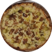 Variadas: 23-Bacon - Pizza Grande (Ingredientes: Azeitona, Bacon Picado, Molho de Tomate, Mussarela, Orégano)