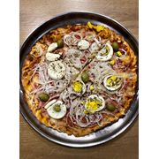 Especiais: Baiana - Pizza Grande (Ingredientes: Azeitona, Calabresa Moída, Cebola, Molho, Mussarela, Orégano, Ovo, Pimenta Calabresa)