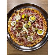 Especiais: Brasileira - Pizza Grande (Ingredientes: Azeitona, Bacon, Calabresa, Cebola, Molho, Mussarela, Orégano, Ovos)