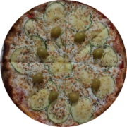 Variadas: 26-Abobrinha 01 - Pizza Grande (Ingredientes: Abobrinha Fatiada, Azeitona, Molho de Tomate, Mussarela de Búfala, Orégano)