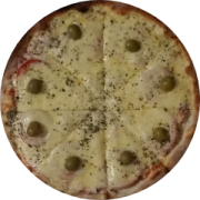 Variadas: 21-Bauru - Pizza Grande (Ingredientes: Azeitona, Molho de Tomate, Mussarela, Orégano, Presunto, Tomate)