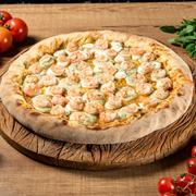 Premium: Camarão - Pizza Grande (Ingredientes: Camarão, Creme de alho, Finalizada com orégano, Gotas de Requeijão, Molho, Mussarela)