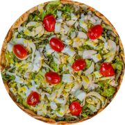 Pizza Light: Pizza grande - Levíssima - Pizza Grande - Massa fina e crocante com lemon pepper, mix de salada, muçarela de búfala fresca picada, palmito, tomate cereja e molho da casa com mel e mostarda.