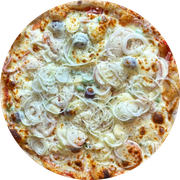 PIzza do Dia: Portuga - Molho de tomate, muçarela, presunto, tomate, azeitona, palmito, ervilha, cebola, ovo de codorna.