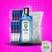 Gin + 06 Red Bull + 01 Gelo 3kg: Bombay 750ml + 06 Red Bull + 01 Gelo 3kg)