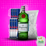 Gin + 06 Red Bull + 01 Gelo 3kg: Tanqueray 750ml + 06 Red Bull + 01 Gelo 3kg)