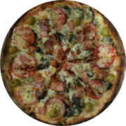 Variadas: 53-Escarola - Pizza Grande (Ingredientes: Azeitona, Bacon, Escarola Refogada, Molho de Tomate, Mussarela, Orégano, Tomate)