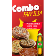 Combão Família: Combo familia (1 calabresa 1/ frango com catup/1 mussarela /1 broto brigadeiro/1 refri 1,5l) - Pensando em momentos mágico, em criar memórias e como amamos unir amigos, família e festejar criamos esse combo mega especial para você! 3 pizzas grandes(8 fatias) sendo 1 pizza inteira no sabor de Calabresa acebolada, 1 pizza inteira de frango com catupirye 1 pizza inteira no sabor de queijo Mussarela + 1 pizza doce (4Fatias) no sabor irresistível de chocolate com granulado + 1 refrigerante de 1,5l podendo ser guarana tradicional, pepsi tradicional, pepsi black, guarana zero o disponivel