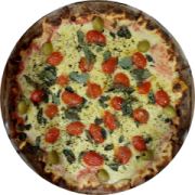 Variadas: 49-Napolitana Especial - Pizza Grande (Ingredientes: Azeitona, Manjericão, Molho de Tomate, Mussarela, Orégano, Parmesão Ralado, Tomate Cereja)