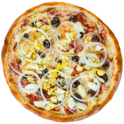 Tradicionais: Portuguesa Com Cebola Temperada - Pizza Família (Ingredientes: Molho, Muçarela, Ervilha, Ovo, Cebola, Apresuntado, Tomate, Orégano)