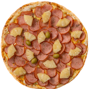 Super Especiais: Lombo Com Abacaxi - Pizza Família (Ingredientes: Molho, Muçarela, Lombo, Abacaxi caramelizado, Orégano)