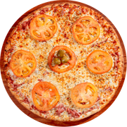 Tradicionais: Bauru - Pizza Trem (Ingredientes: Molho de Tomate Fresco, Mussarela, Orégano, Presunto, Rodelas de Tomate)