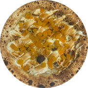 Doces: Damasco - Pizza Individual (Ingredientes: Damasco, ganache de chocolate branco, Muçarela, raspas de limão taiti)