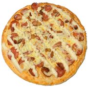 Tradicionais: CALABRESA DA CASA - Pizza Grande (Ingredientes: Bacon, Calabresa, Cebola, Molho de Tomate, Mussarela, Orégano, Requeijão)