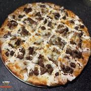 Gourmet: Filé c/ Cream Cheese - Pizza Gigante (Ingredientes: Molho de Tomate, Mussarela, Filé, Cream Cheese, Orégano)