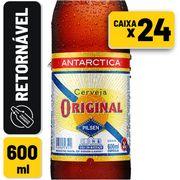 Retornáveis 600ml: Original Retornável 600ml (Caixa 24 Unidades) - A clássica Antarctica Original é reconhecida por preservar sua essência, tradição e qualidade desde 1931. Uma American Lager de sabor suave, leve amargor e aroma de lúpulo, além de refrescância única – garantida por sua alta carbonatação.