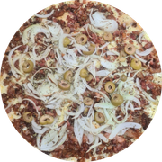 Especiais: 19- Bacon - Pizza Grande (Ingredientes: Molho, Mussarela, Bacon, Cebola, Azeitona, Orégano)