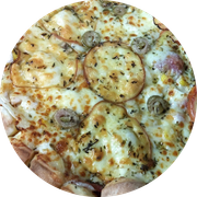 Pizzas Tradicionais: Lombo com Provolone - Pizza Grande (Ingredientes: Molho de Tomate, Lombo, Cebola, Mussarela, Provolone, Tomate, Azeitona, Orégano)