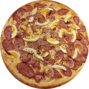 Especiais: Americana - - Pizza Família (Ingredientes: Muçarela, Calabresa, Bacon, Ovos, Cebola)
