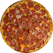 Tradicionais: Calabresa - Pizza Grande (Ingredientes: Azeitona, Calabresa defumada, Cebola, Massa artesanal, Molho de tomate bragatto, Orégano, Queijo mussarela)
