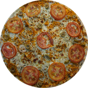Tradicionais: Frango - Pizza Grande (Ingredientes: Azeitona, Cebola, Frango Desfiado, Massa artesanal, Milho, Molho de tomate bragatto, Orégano, Queijo mussarela, Tomate)