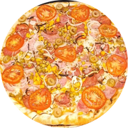 Tradicionais: Espanhola - Pizza Grande (Ingredientes: Azeitona, Calabresa, Cebola, Ervilha, Massa artesanal, Milho, Molho de tomate bragatto, Orégano, Ovo, Presunto, Queijo mussarela, Tomate)