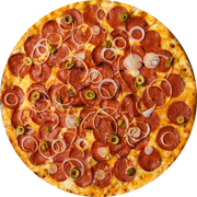Tradicionais: Pepperoni - Pizza Grande (Ingredientes: Azeitona, Cebola, Massa artesanal, Molho de tomate bragatto, Orégano, Pepperoni, Queijo mussarela, Tomate italiano)