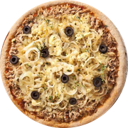 Tradicionais: Atum - Pizza Grande (Ingredientes: Atum, Azeitona, Cebola, Massa artesanal, Molho de tomate bragatto, Orégano, Queijo mussarela, Tomate)