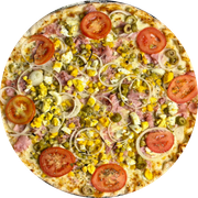 Tradicionais: Portuguesa - Pizza Grande (Ingredientes: Azeitona, Cebola, Ervilha, Massa artesanal, Milho, Molho de tomate bragatto, Orégano, Ovo, Presunto, Queijo mussarela, Tomate)