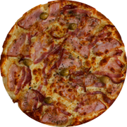 Tradicionais: Bacon - Pizza Grande (Ingredientes: Azeitona, Bacon artesanal, Cebola, Massa artesanal, Molho de tomate bragatto, Orégano, Queijo mussarela, Tomate)