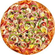 Tradicionais: PORTUGUESA - Pizza Média (Ingredientes: Azeitona Preta, Azeitona Verde, Calabresa, Cebola, Molho de Tomate, Mussarela, Orégano, Ovo, Pimentão)