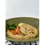 Entradas: Babaganuche - Embalagem (200 gr) - Pasta de berinjela assada, temperada com molho à base de gergelim e limão.