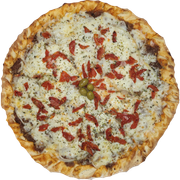 Carnes: 323-COSTELINHA - Pizza Broto (Ingredientes: Alho Frito, Azeitona Verde, Cebola, COSTELA BOVINA DESFIADA TEMPERADA, Molho de Tomate, Mussarela, Orégano, Tomate Seco)