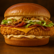 Mozer Burger: CB-ONION (Somente o sanduíche) - 1.0 (1 CARNE) (Ingredientes: 2 Filés de peito na Receita Crocante, Alface, Bacon, Cebola Crispy, Maionese Temperada, Pão Brioche, Queijo Prato Fatiado Polenghi)
