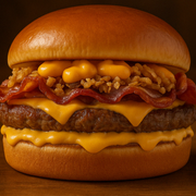 Mozer Burger: SHORYUKEN (Somente o sanduíche) - 1.0 (1 CARNE) (Ingredientes: Bacon, Carne de 180g, Cebola Crispy, Cheddar Cremoso, Molho Chipotle, Pão Brioche, Queijo Prato Fatiado Polenghi)
