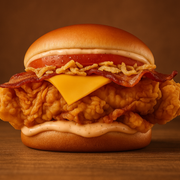 Mozer Burger: VAN HELSING (Somente o sanduíche) - 1.0 (1 CARNE) (Ingredientes: 2 Filés de peito na Receita Crocante, Bacon, Cebola Crispy, Molho Alho, Pão Brioche, Queijo Prato Fatiado Polenghi, Tomate)