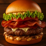 Mozer Burger: MOZER BRASIL (Somente o Sanduíche) - 1.0 (1 CARNE) (Ingredientes: Alface, Bacon, Carne de 180g, Cebola, Cebola Caramelizada, Maionese Temperada, Pão Brioche, Queijo Prato Fatiado Polenghi, Tomate)