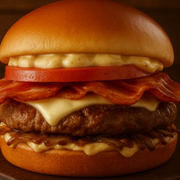 Mozer Burger: MOZER ALEMANHA (Somente o sanduíche) - 1.0 (1 CARNE) (Ingredientes: Bacon, Carne de 180g, Cebola Caramelizada, Molho Maionese Grill, Pão Brioche, Queijo Prato Fatiado Polenghi, Tomate)