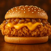 Mozer Burger: CHEDDAR CROCANTE (Somente o sanduíche) - 1.0 (1 CARNE) (Ingredientes: Bacon, Cebola Caramelizada, Cheddar Cremoso, Filé de peito na Receita Crocante)